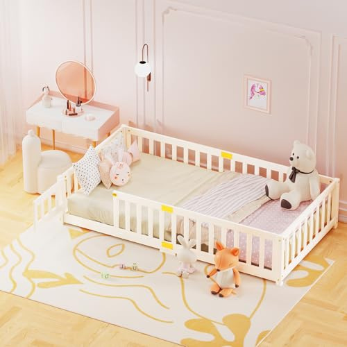 Meulbaty 90×200cm Holz Kinder Bodenbett mit Rausfallschutz und Lattenrost | Schön Montessori-Bodenbett für Kleinkind mit 1 Eingangstür, Kiefernholz Massiv, geeignet für Kinder von 1–3 Jahren
