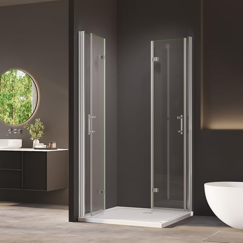 AmuseVera Duschkabine Falttür 90x90 cm Eckeinstieg Dusche Rahmenlos Duschabtrennung Eckdushe Doppelte Falttüren aus 6mm ESG-Sicherheitsglas mit Nano-Beschichtung Höhe 195 cm