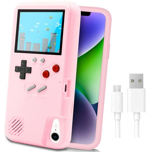 LucBuy Game Console Case for iPhone, Retro Protective Cover Self-powered Case with 36 Small Game,Full Color Display,Shockproof Video Game Case for iPhone XR - Pink