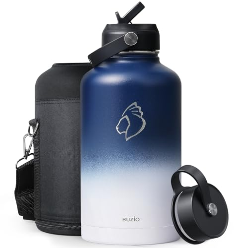 Insulated Water Bottle 2L, BUZIO Vacuum Stainless Steel Water Bottle with Straw Lid and Flex Cap Cold for 48 Hrs, Hot for 24 Hrs Double Wall Wide Mouth BPA Free Leak Proof, Blue&White