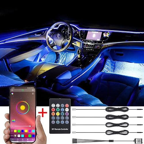 TABEN Luce Ambientale Controllo App + Telecomando RGB Lampada per Atmosfera Auto Lampada Morbida Fai-da-Te Refit Fascia in Fibra Ottica 64 Colori Illuminazione Interna Luce Decorativa 1W DC 12V 5m