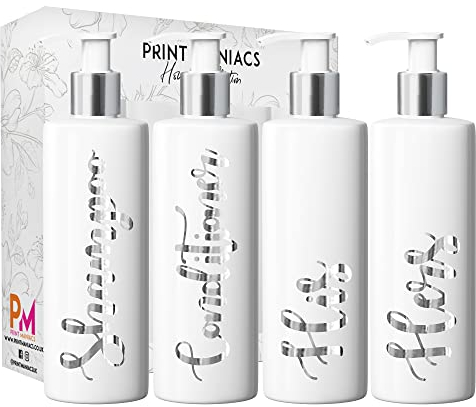 Print Maniacs White Mrs Hinch Inspired Personalised 500ml Pump Bottles Bathroom Lotion Kitchen Set Shampoo Conditioner (Set 4 His Her ) (Silver)