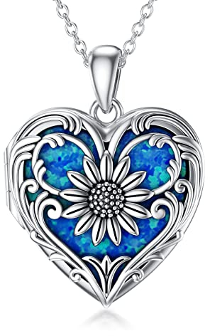 SOULMEET Sterling Silber Medaillon Halskette, die Bild Fotos personalisierte Herz Sonnenblumen Anhänger Halskette hält mit Blau Opal