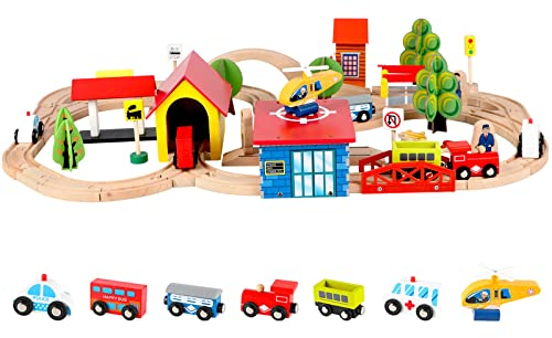 Wondertoys Wooden 69 Pcs Train Tracks Toys Railway Kits with Vehicles Building Construction Toy for kids Boys and Girls