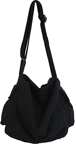Canvas-Schultertaschen für Damen, große Kapazität, solide, weiche Denim-Freizeit-Reisetasche, mehrere Taschen, Denim-Crossbody-Tasche, Denim-Tasche mit verstellbaren Schultergurten, 07-schwarz, 40 EU