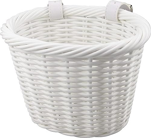 ZUKKA Woven Fahrradkorb Kinder Vorne Lenkerkorb Kinder Fahrradkörbchen Geflochten für Mädchen und Kinder mit Lederriemen, Dekorativ, Abnehmbar (Weiß)
