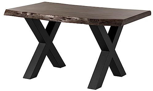 MASSIVMOEBEL24.DE | Freeform 5 Baumkantentisch aus Massivholz - Grau | 160x90 cm | Metallbeine X-Form anthrazit matt | aus Akazienholz | Esstisch echte Baumkante