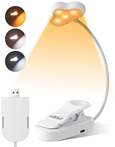 EDISHINE Lampe de Lecture 8 LED USB Rechargeable avec 360° Col de Cygne Flexible, 3 Températures de Couleur & Gradation en Continu, Protection des Yeux, Lampe Pince pour Lire au Lit, Blanc