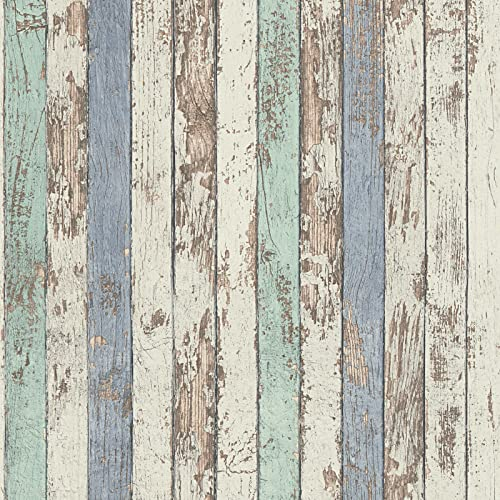 BRICOFLOR Holzoptik Tapete | Holz Tapete maritim gestreift | Shabby Chic Tapete in Weiß und Blau | Vintage Vliestapete in Holzoptik für Schlafzimmer