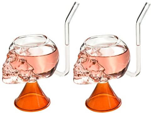 NFNSIG Skull Cocktail Glasses Set of 2, 200ml Vampire Wine Glass Cup with Built-in Straw Novelty Whiskey Cup Mugs for Wine Champagne Juice Home Bar Party