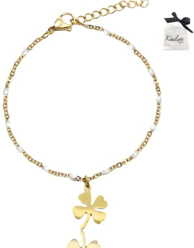 Bracelet Femme Trèfle Porte Bonheur Chaîne en Acier Inoxydable Doré Or Artisanal Fait Main Trèfle à 4 Feuilles Perles Idée Cadeau Anniversaire Noël Saint Valentin Fête Mères Hypoallergénique