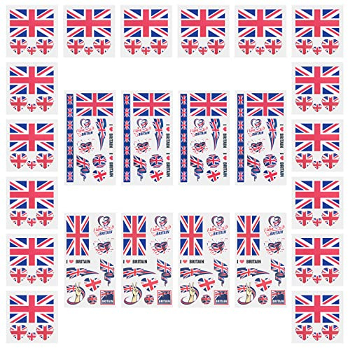 AhfuLife 24 Blätter Großbritannien Flagge Tattoos Aufkleber, UK Dekoration Temporäre Tattowierung Set Wasserdichter Gesichts Tattoos Sticker für Euro Fußball Eurovision Olympische Garten Party Deko
