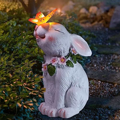 Attivolife Kaninchen Solar Dekor für den Außenbereich, Kaninchenlicht Terrassendekoration Osterhase mit Schmetterling, Ornament für Rasen Balkon Hof Kunstdekoration Einweihungsgeschenke für Mama Oma