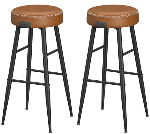 VASAGLE EKHO Colección - Juego de 2 Taburetes de Bar, Taburetes de Cocina, Taburetes de Desayuno, Cuero Sintético con Costuras, 76,2 cm de Alto, Silla Comedor, Fácil Montaje, Marrón Caramelo LBC090K01