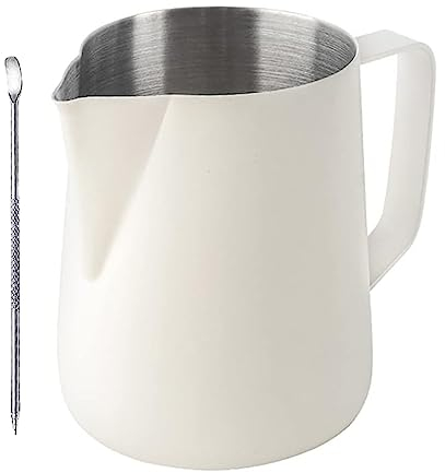Milk Frothing Pitcher 20oz/600ml, Stainless Steel Espresso Steaming Pitcher Milk Jug, Perfect for Milk, Cream, Water, Juices, Smoothies (White 600ML)