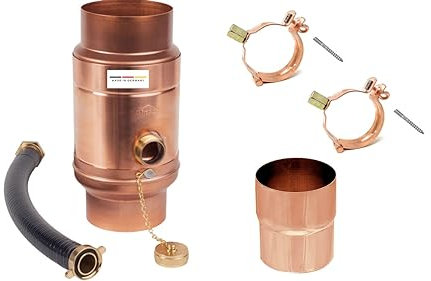 zbs24 Kupfer Regenwassersammler 87mm Set 3, Wassersammler mit automatischer Füllstop, Schlauchverbindung 30cm für Auffangbehälter, 85% Wasserertrag, 2 Rohrschellen und 1 Verbindungsmuffe
