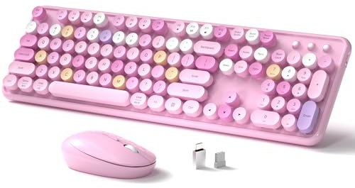 Links9+ Bunte kabellose Tastatur und Maus (rosa bunt) | Tastatur im Retro-Stil mit runden Vintage-Tastenkappen, 2,4 G Wireless-Set für Windows, Mac, Laptop, PC, Tablet