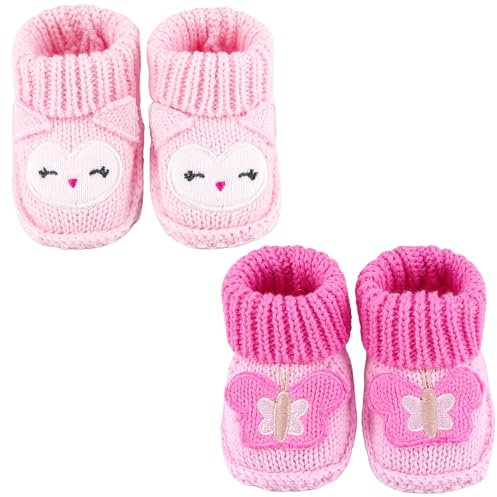 LACOFIA 2 Paare Neugeborene Gestrickt Babyschuhe Weiche Baby Jungen Mädchen Stiefeletten 0-3 Monate Rosa Schmetterling+Rosa Eule