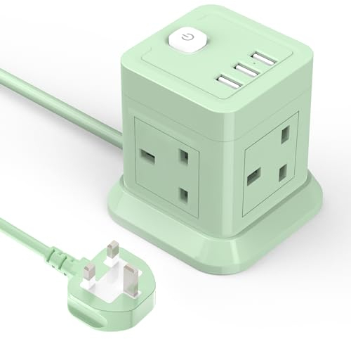Cube Extension Lead with USB Slots, BEVA 4 Way Multi Plug Power Strip with 3 USB Ports (5V/2.4A), Desktop Power Extension Socket with 1.5M Extension Cords for Home Dorm Office Travel-Green