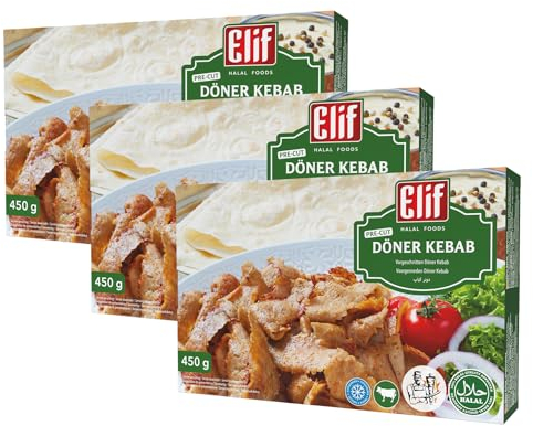 Elif Meat Doner 450g | Pre-Cut Grilled Beef Kebab | Netherland Frozen Halal Foods | Halal Dishes on The Table with Ease | Stone Oven Baked Ready Meals (Meat Doner 450g, 3 Pack)