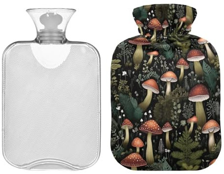 Vintage Mushrooms Black Classic Hot Water Bottle with Cover, 1 Liters Reusable Hot Water Bag for Menstrual Cramps, Neck and Shoulder Pain Relief, Bed Hand Feet Warmer
