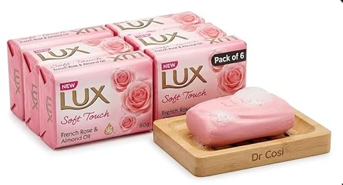 Lux Lot de 6 barres de savon douces au toucher doux avec huile de rose et d'amande 80 g avec porte-savon Dr Cosi en bambou naturel