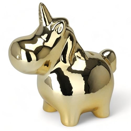 MIJOMA Hucha Unicornio, Lujosa Brillante con Acabado Metálico en Oro o Plata, 100% Porcelana, Ideal para Coleccionistas y Amantes de los Unicornios, 18 x 19 x 10 cm (Oro Brillante)