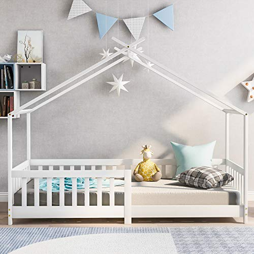 AIYIBETY 「Not Allowed to Sell on Germany」Schönes Hausbett Kinderbett,Vollholz mit Zaun und Lattenrost, mit Rausfallschutz für Kinder- und Jugendzimmer,Weiß (190x90cm)