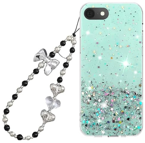 Rnrieyta Miagon Glitzer Hülle für iPhone 6S Plus/6 Plus,Bling Klar Handyhülle Durchsichtig Sparkle Sterne Case Cover Slim Schutzhülle mit Perlen Herz Schmetterling Armband Kette