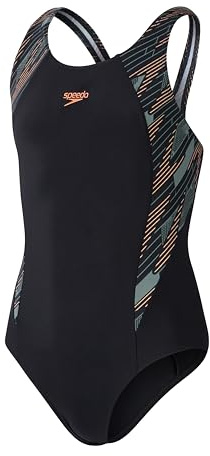 Speedo Girls Hyperboom Splice Muscleback Swimsuit | Swim Training | Chlorine Resistant, Black/Country Green Nectarine, 7-8