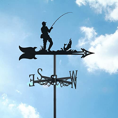 Exquisite Wetterfahne – Fisherman & Fish Wetterfahne aus Edelstahl mit Erdspieß und Wandbefestigung, Richtungsanzeige der Windfahne für Bauernhof-, Hof- und Gartenpavillon-Dekorationen, Angler (Angle