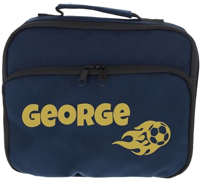 Personalised Football Lunch Box Bag for Boys and Girls - Navy Personalised Lunch Bag For Kids with Name & Flaming Football School Lunch Bag - Personalised Lunch Boxes for Girls and Boys in Navy