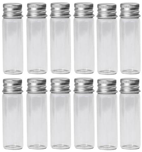 OHEETU 12PCS 30ml Clear Glass Bottles Wish Bottles with Threaded Aluminum Cap for Cosmetics Dispensing Sample Message Essential Oil Powders Jewelry Beads Wedding Favors