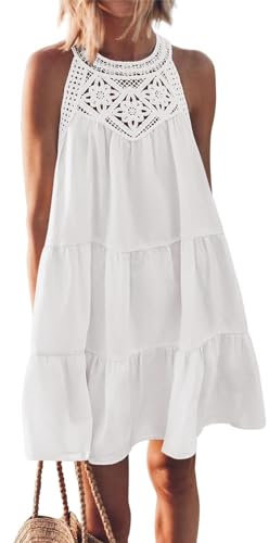 GRMLRPT Robe Femme Ete Boho Robe Courte Couleur Unie Bohème Robe de Plage Chic et Elegant Robe sans Manche Robes Casual(Blanc,L)
