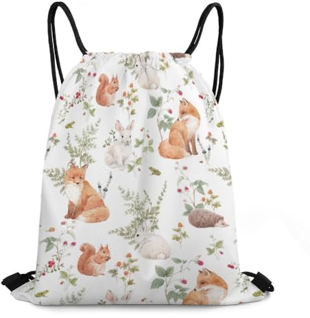 Zhimahou Turnbeutel mit Kordelzug, handgezeichneter Wald, Fuchs, Hase, Igel, Eichhörnchen, Sportrucksack, String, Schwimmen, Kordelzugbeutel für Damen und Herren, wasserdicht, Reisen, Strand,