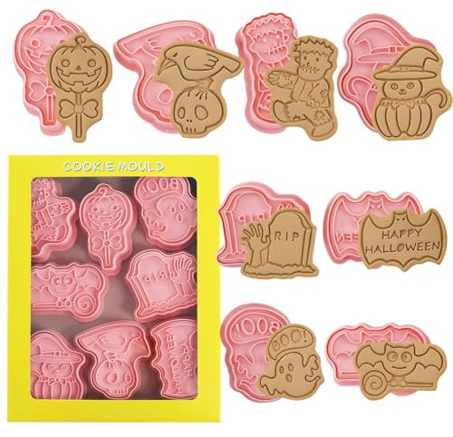 Emporte-Pièces en plastique pour Halloween, 8 Pièces 3D Moule Biscuit Plastique, Emporte Pièce Enfants, Citrouille, Fantôme, Crâne, Pierre Tombe, Sorcière pour Halloween Décoration de Biscuits