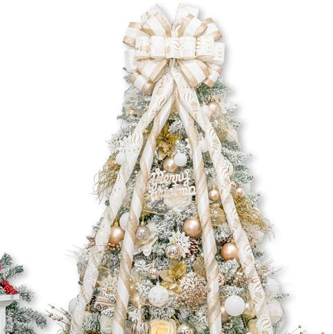 Hismir Christmas Tree Topper Bow, 53x15 Inches Large With Glitter Streamer and Patterned Ribbon, Decorative for Xmas Tree Wreath Door Festival Home Decor (White Gold)