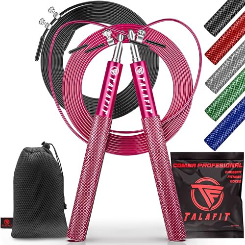 Corde à sauter professionnelle TALAFIT | Corde à sauter réglable | Corde à sauter de boxe | Corde à sauter avec roulements à grande vitesse de rotation | Housse incluse (ROSE)
