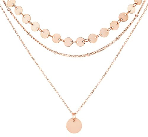 LOLIAS Kette Rosegold Damen Layering Halskette Damen Rosegold Kette Wasserfest Lange Ketten mit Anhänger Doppel Mehrreihige Zarte Rosegold Kette Damen Rund Plättchen Schmuck