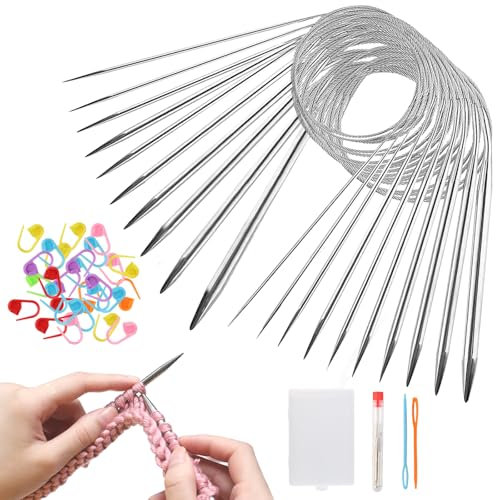 80cm Ferri Circolari Maglieria in Acciaio Inox Set, 9Pezzi Ferri Rotondi Maglieria, 2.5-10mm Ferri Lunghi Maglieria con Cavo Flessibile Custodia 11 Aghi da Cucito 100 Segnapunti per Tessere Cappelli