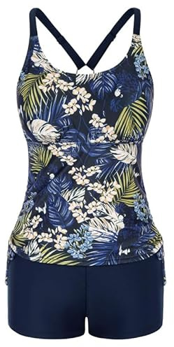 JASAMBAC Tankini Femme Maillot de Bain 2 Pièces Abdominal Tankini Haut et Short de Bain Taille Haute Maillot de Bain Confortable avec Bretelles Réglables Mode Sportif Plage, Feuilles de palmier bleu