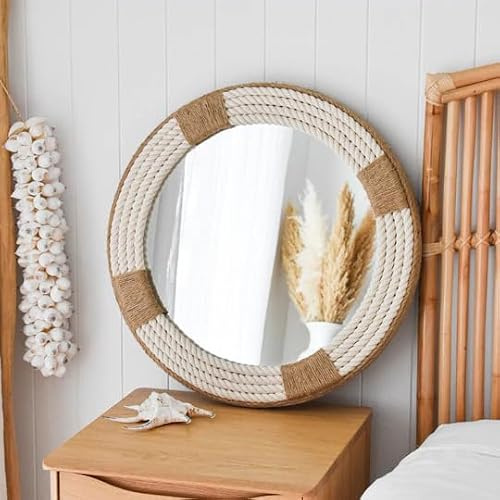Home Dress Espejo de Pared Redondo Grande Decorativo montado en la Pared | Cuerda de Yute Multicolor náutica para Espejo de Pareds rústico de Granja Decorativo para baño (30 Inch)