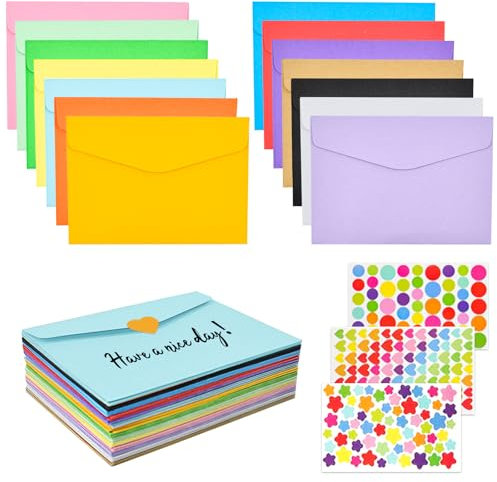 LPAMABA 70 Stück Briefumschläge 14 Farben Umschläge Briefumschläge Bunt Mini Umschläge Set Briefumschlag ohne Fenster mit 3 Blatt Aufkleber für Hochzeit Gruß-Karten Einladungen, 115 * 82 mm