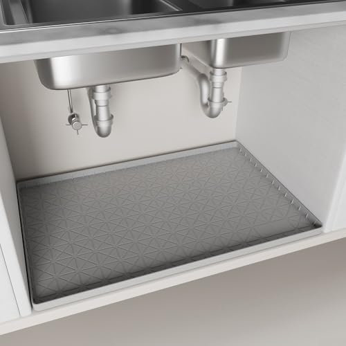 Alfombrilla gruesa para debajo del fregadero, bandeja de silicona impermeable, protector reforzado para armarios de baño y cocina, gris (71 x 56 x 2 cm)
