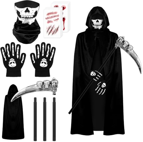 VEYLIN Adult Halloween Kostüm Vollständiges Todes Kostüm mit 150cm Umhang + Skelett Handschuhe + Maske + Sense