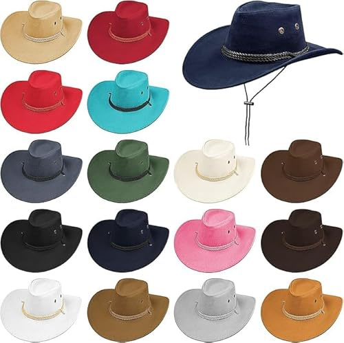 MALLOOM 16 Chapeaux de Cowboy Western en Similicuir avec Large Bord – Chapeau Classique pour Voyage et Costume de Cowgirl pour Homme et Femme, avec Sangle