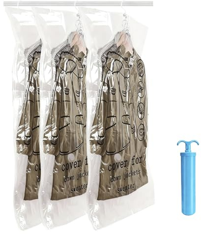 3 Stück Vakuumbeutel für Kleidung 110×70cm mit Pumpe & Haken, Hängende Vacuum Bags für Anzüge, Mäntel, Jacken, Saisonale Kleidung Aufbewahrung