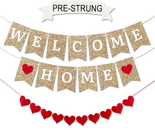 Pancarta Bienvenido a Casa Dorada con Purpurina y Corazones Rojos – Banner Pre-ensamblado para Colgar – Decoración de Regreso Militar, Fiesta Familiar y Estreno de Nueva, Cartel de Bienvenida a Casa