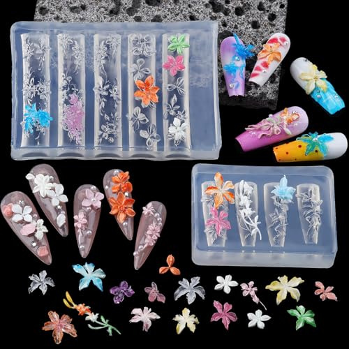 2 Pcs Flower Silicone Nail Art Molds, 3D Spring Summer Flowers Nail Charms Mold with Clear Embossed Templates, Floral Carving Tool for Gel Resin Nails Supplies, DIY Manicure Sculpture Molds for Women