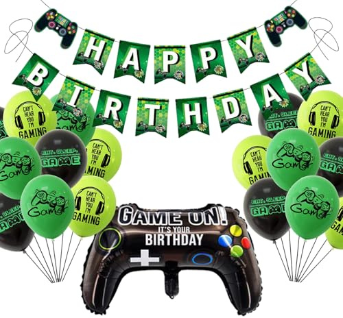 Gamer Party Decorations Set, Video Game Birthday Banner, Green Foil Balloons, Gaming Decor for Boys Birthday Party Supplies